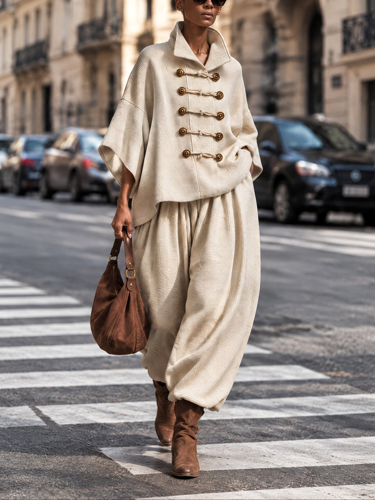 Oversized layered-collar toggle-fastening top and wide-leg trousers set