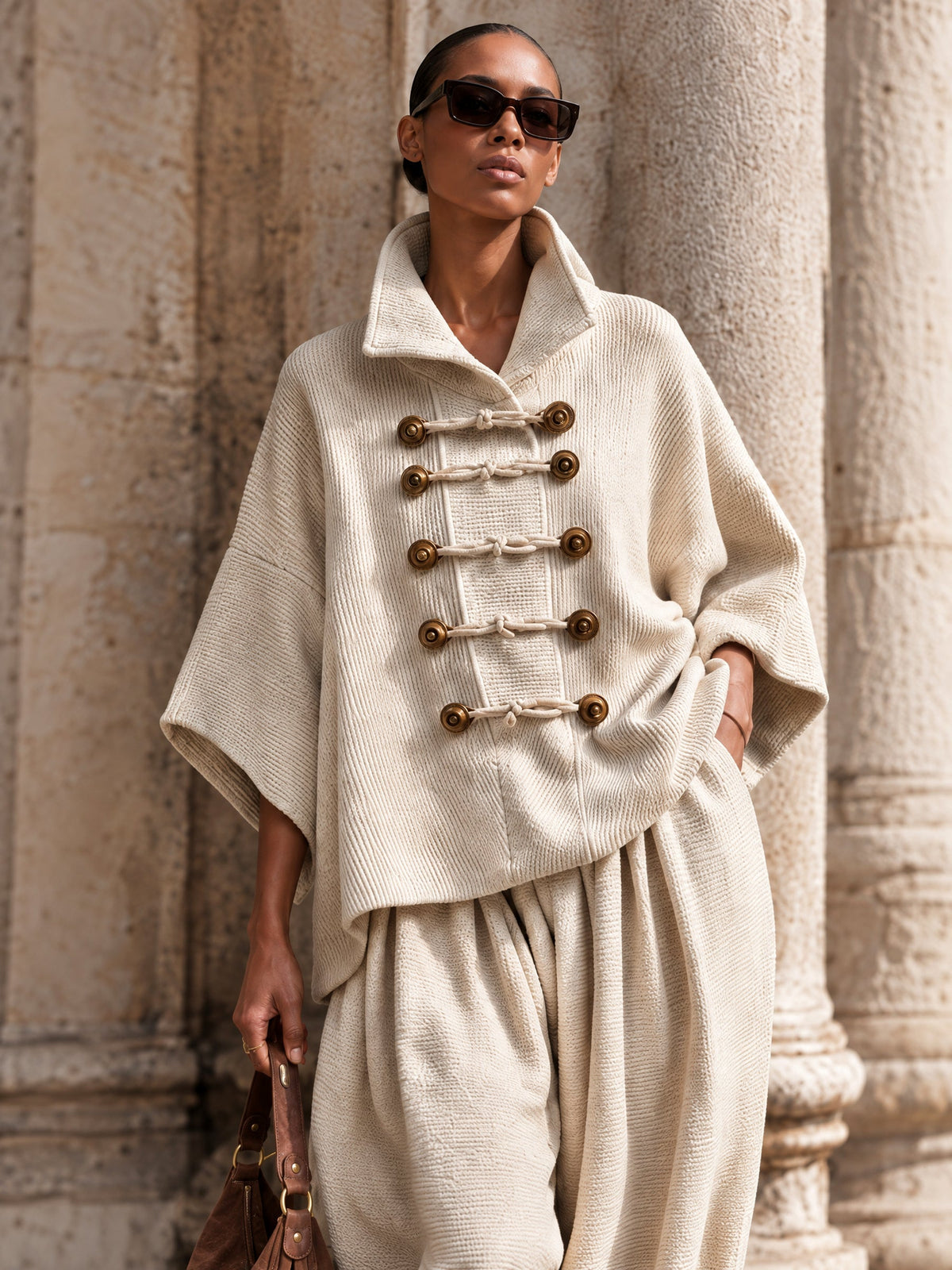 Oversized layered-collar toggle-fastening top and wide-leg trousers set