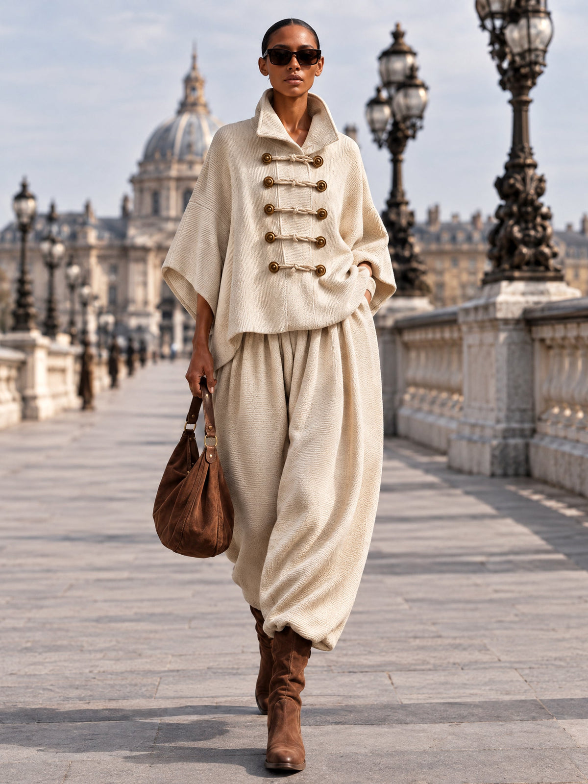 Oversized layered-collar toggle-fastening top and wide-leg trousers set