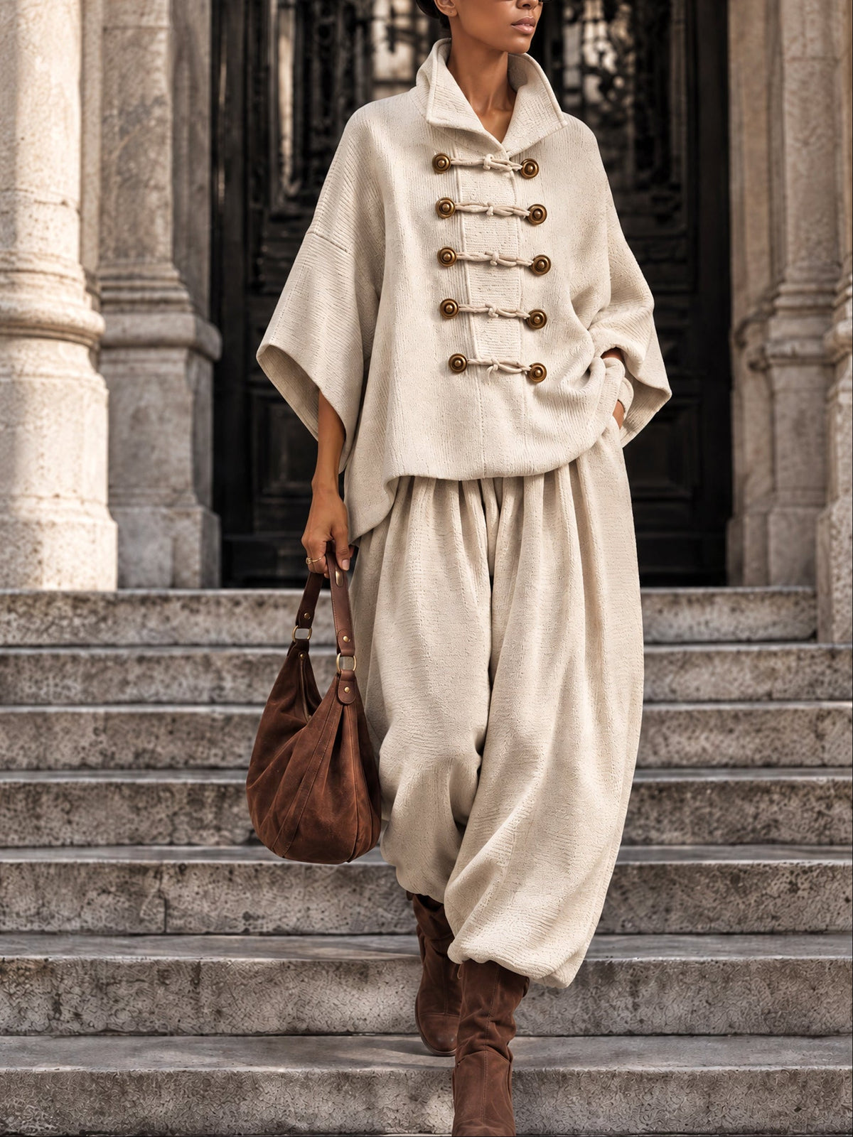 Oversized layered-collar toggle-fastening top and wide-leg trousers set