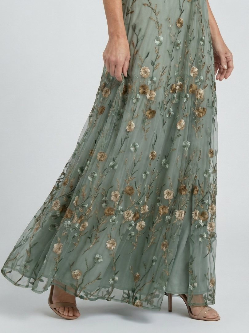 Sage | Floral Embroidered Maxi Dress with V-Neck and Flutter Sleeves