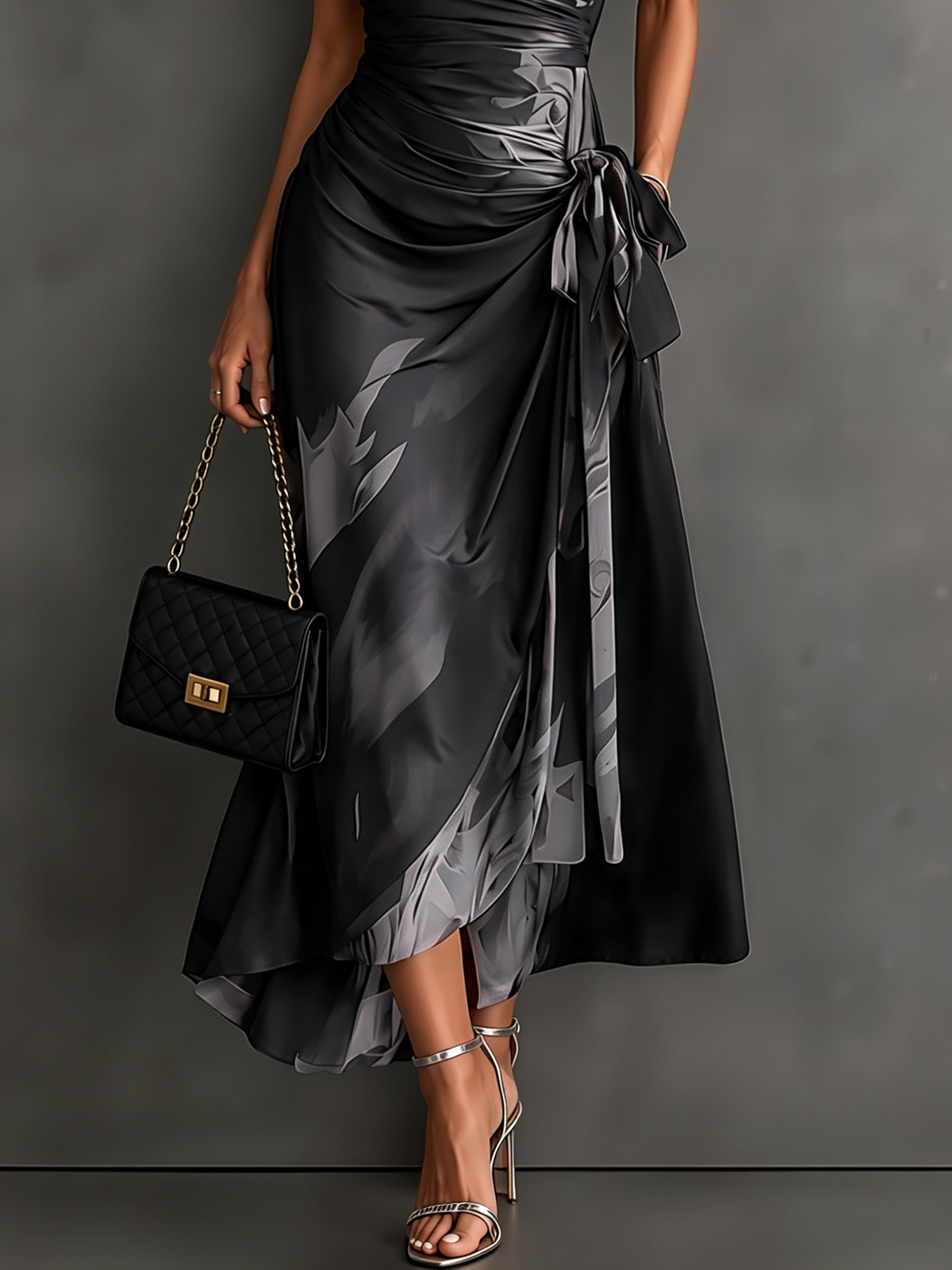 Red Black Abstract Print Wrap Midi Dress