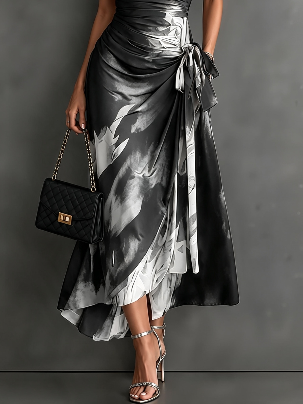 Red Black Abstract Print Wrap Midi Dress