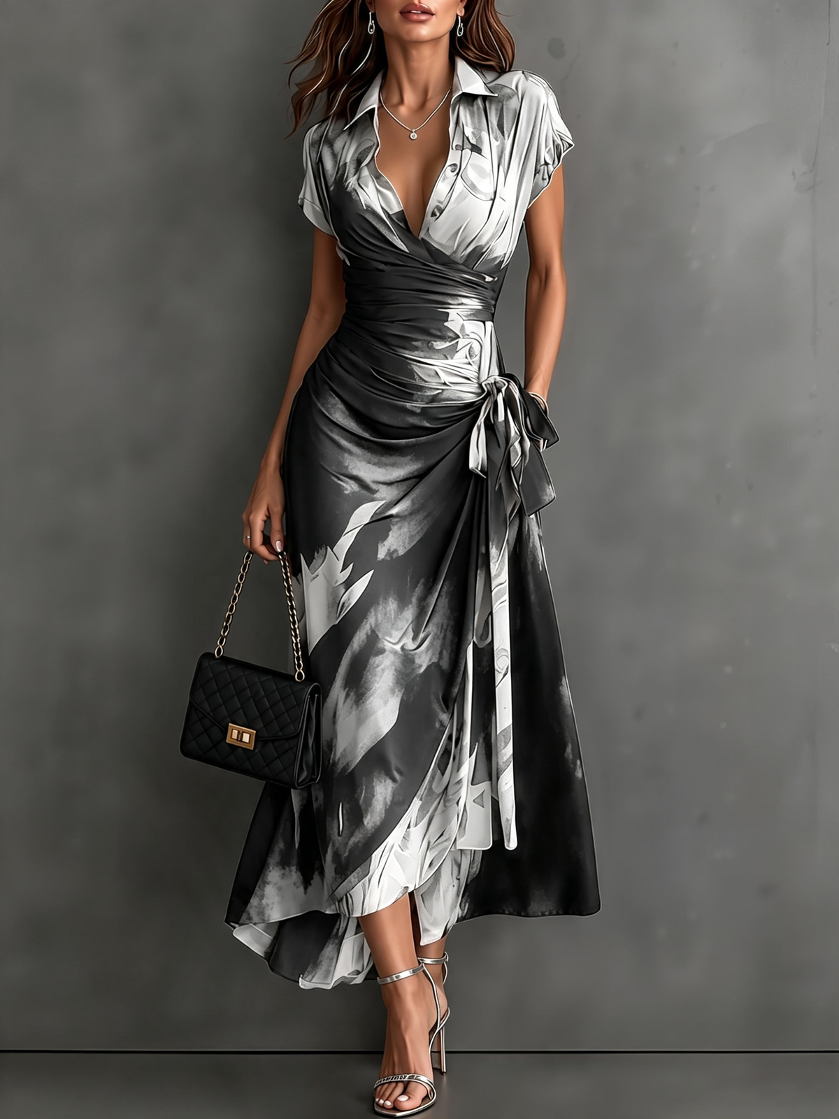 Red Black Abstract Print Wrap Midi Dress