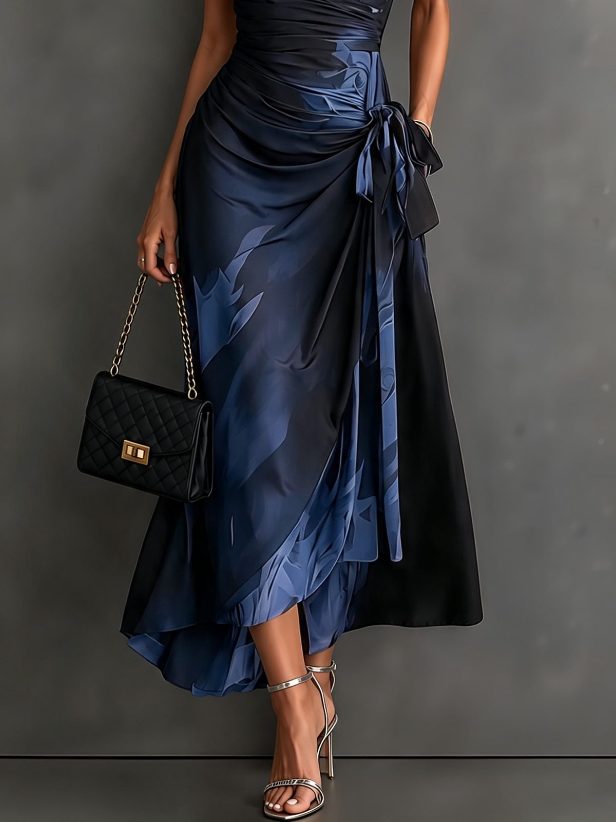 Red Black Abstract Print Wrap Midi Dress