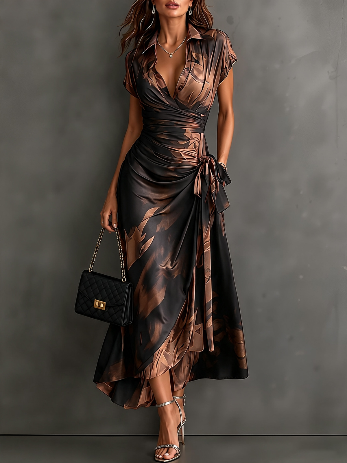 Red Black Abstract Print Wrap Midi Dress