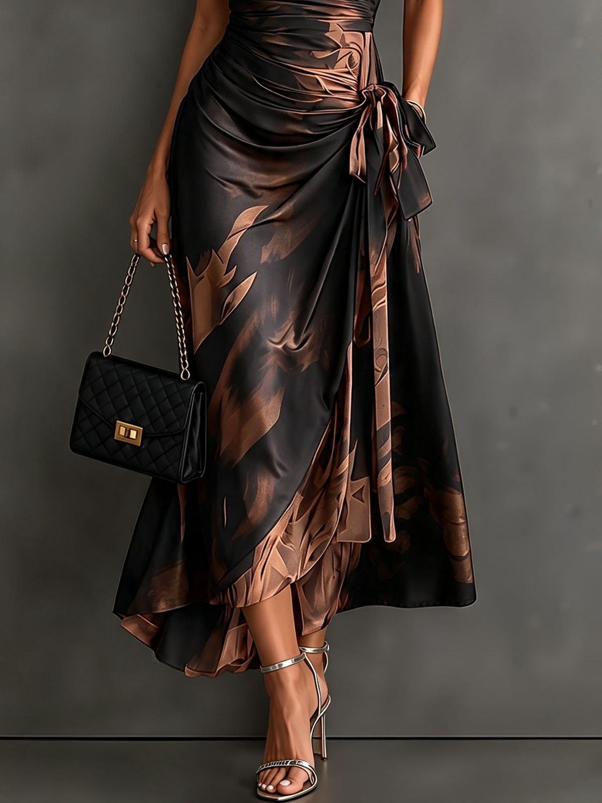Red Black Abstract Print Wrap Midi Dress