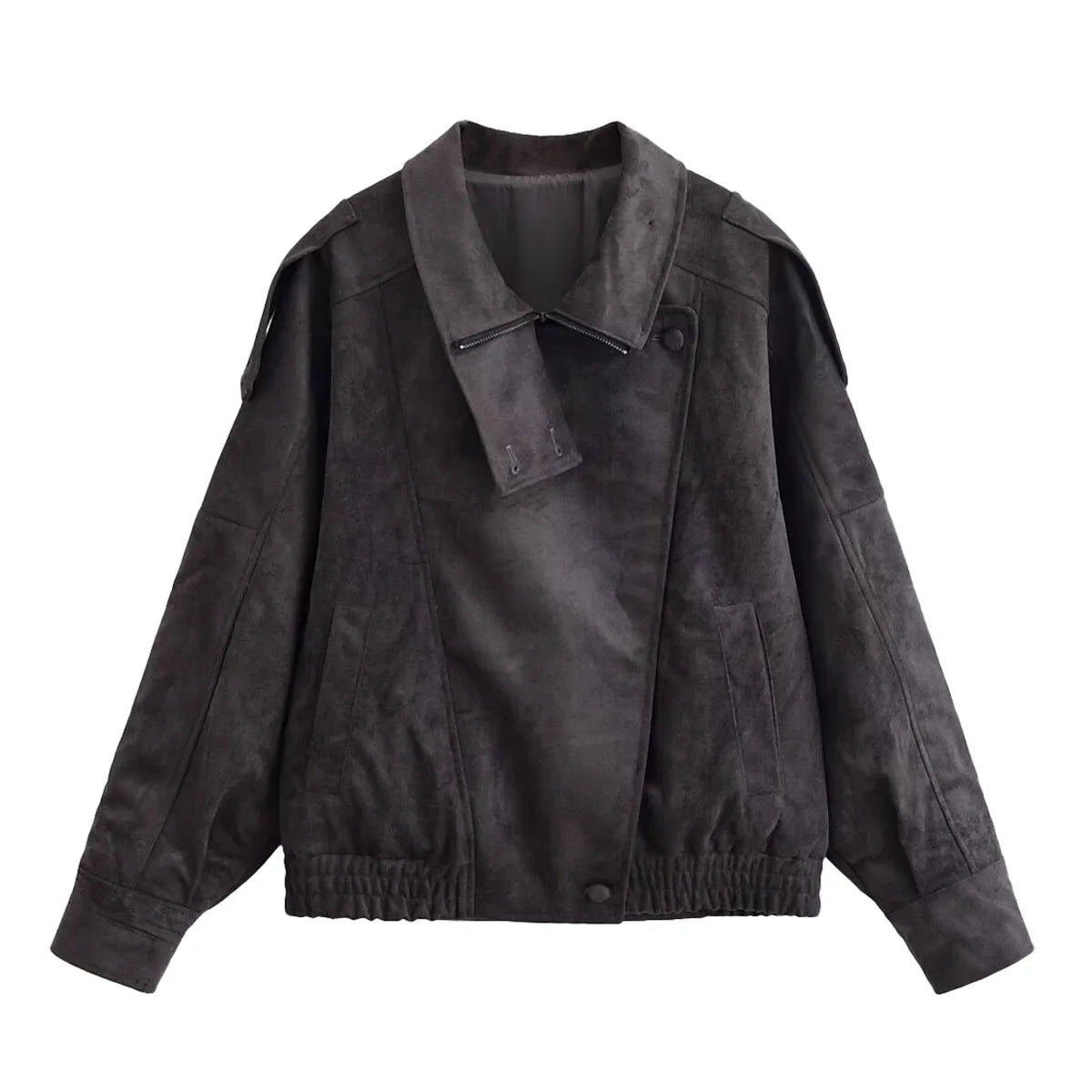 Women’s Oversized Faux Suede Jacket with Asymmetrical Collar and Modern Utility Silhouette