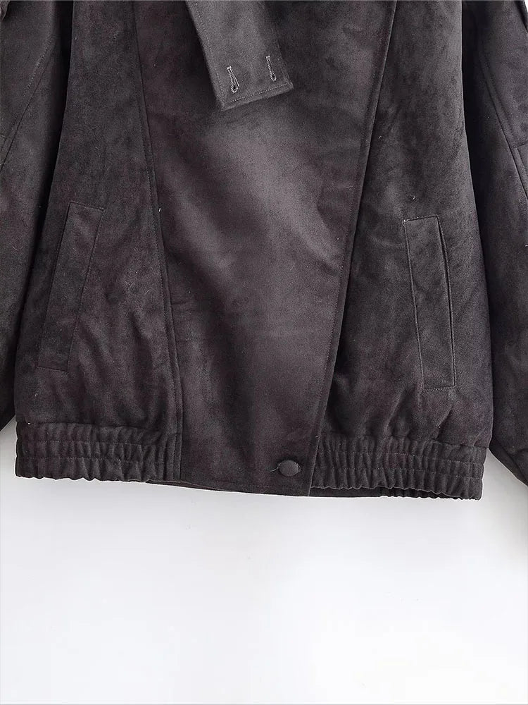 Women’s Oversized Faux Suede Jacket with Asymmetrical Collar and Modern Utility Silhouette