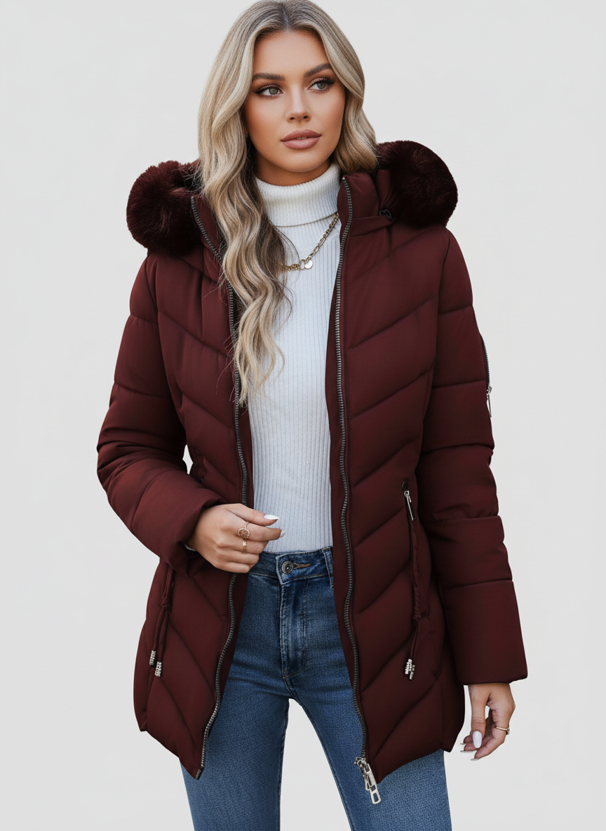 Elegant Quilted Puffer Coat with Faux Fur Hood