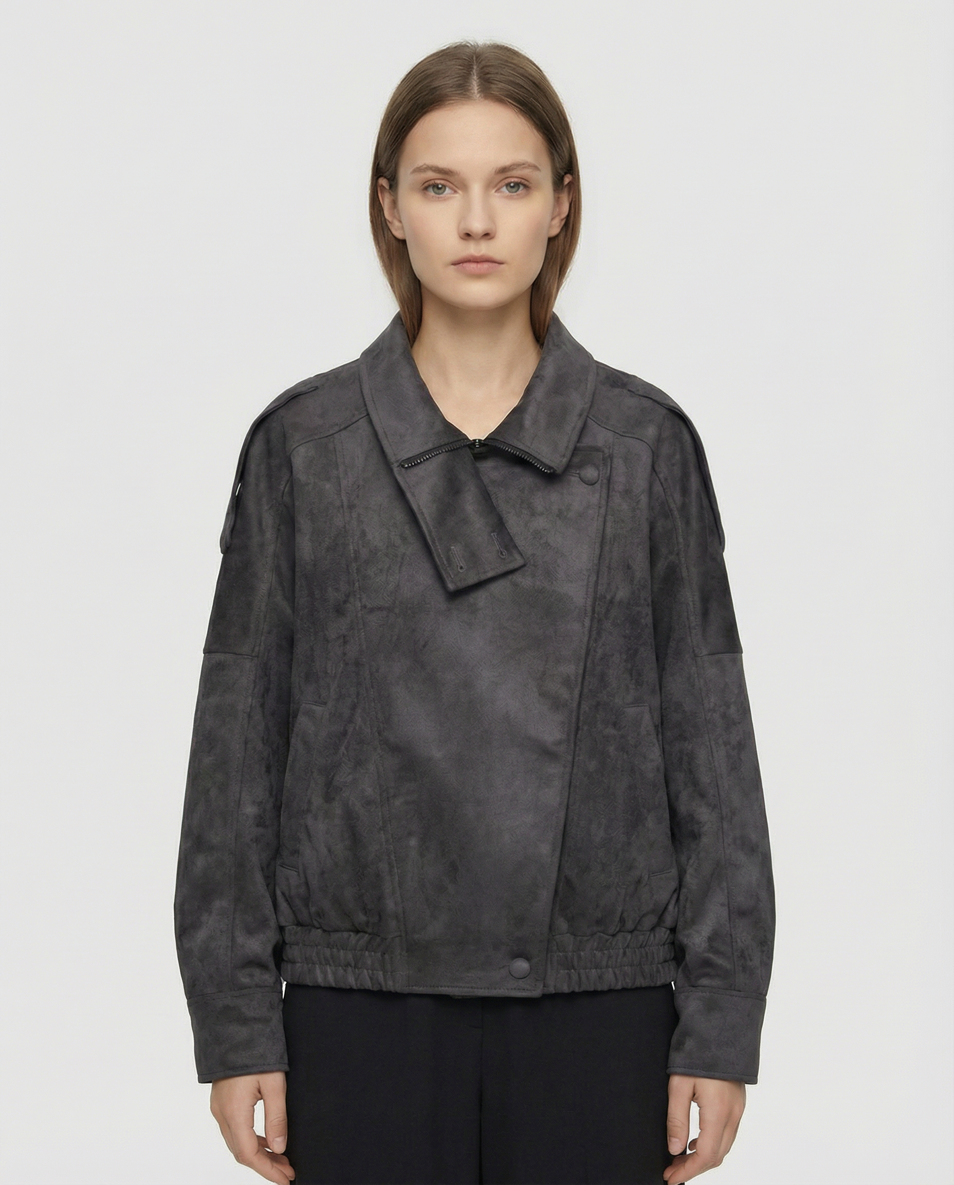 Women’s Oversized Faux Suede Jacket with Asymmetrical Collar and Modern Utility Silhouette