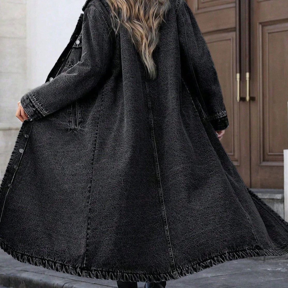 Women’s Oversized Long Denim Coat with Button-Down Front and Classic Collar