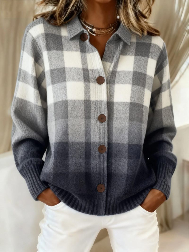 Agnes | Gray Ombre Plaid Button Cardigan for Women