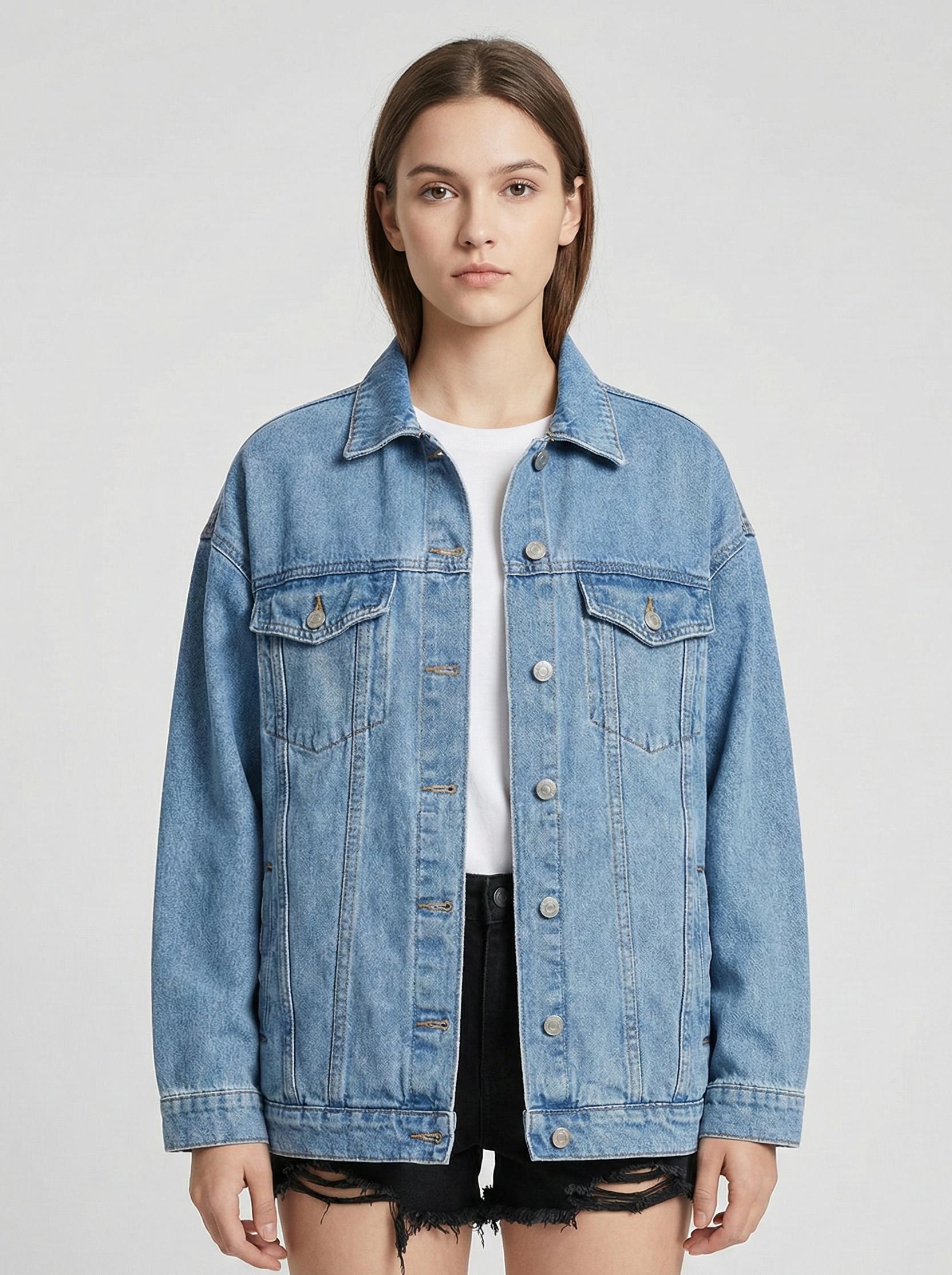 Women’s Oversized Denim Jacket with Classic Button Front and Relaxed Streetwear Fit