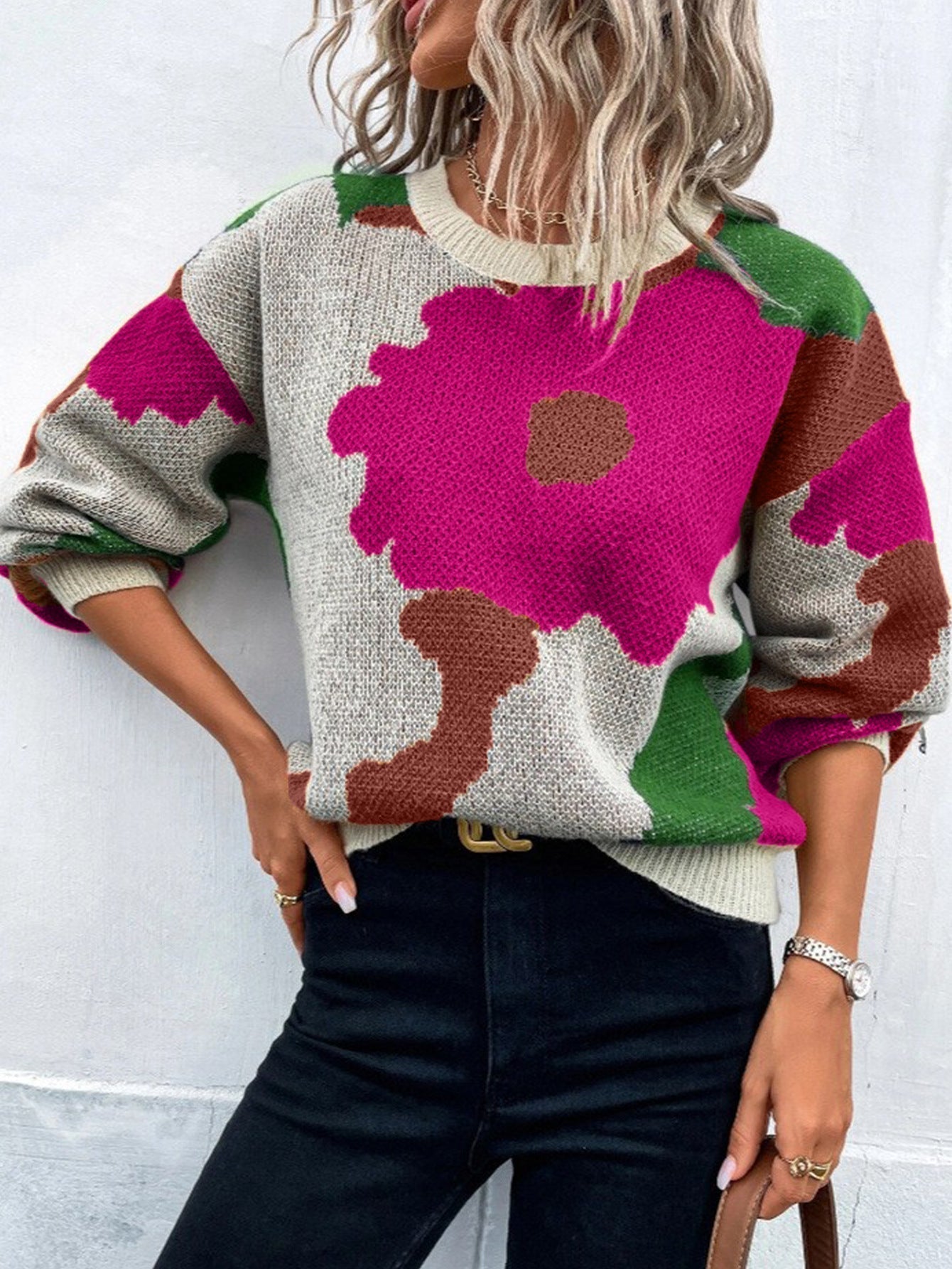 Floral Print Pullover Sweater for Women — Charming Knit