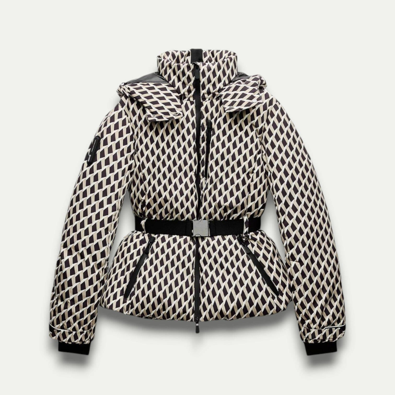 Women’s Belted Beige Patterned Puffer Jacket