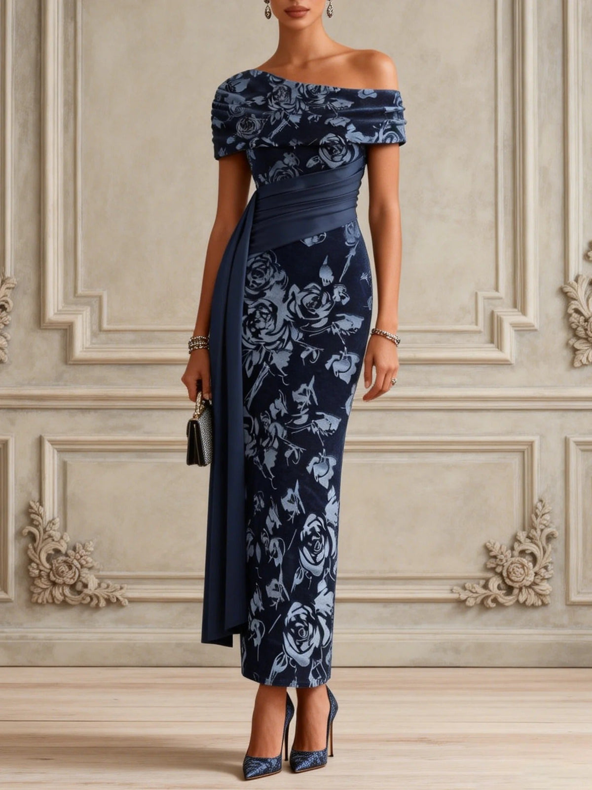 Blue Floral Split Joint Ruched Velvet One Shoulder Short Sleeve Bodycon Maxi Dress