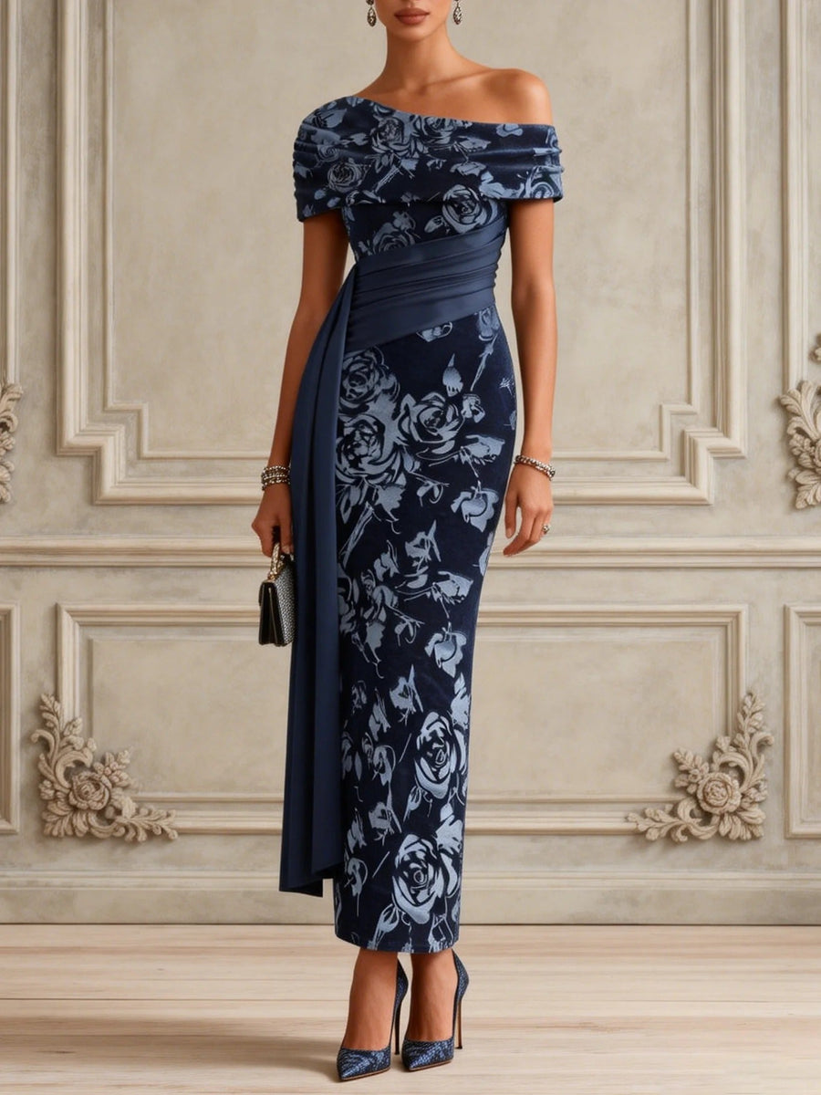 Blue Floral Split Joint Ruched Velvet One Shoulder Short Sleeve Bodycon Maxi Dress