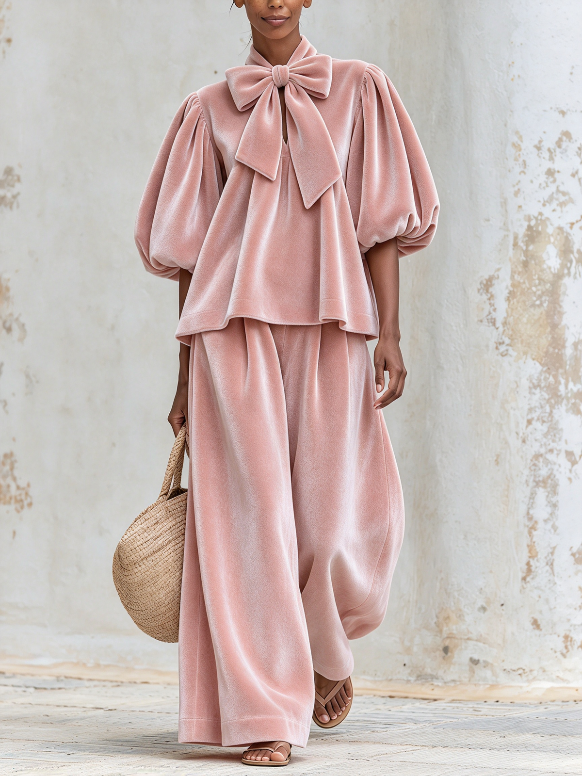 Blush Pink Bow Neck Puff Sleeve Top and Wide-Leg Pants Two-Piece Set