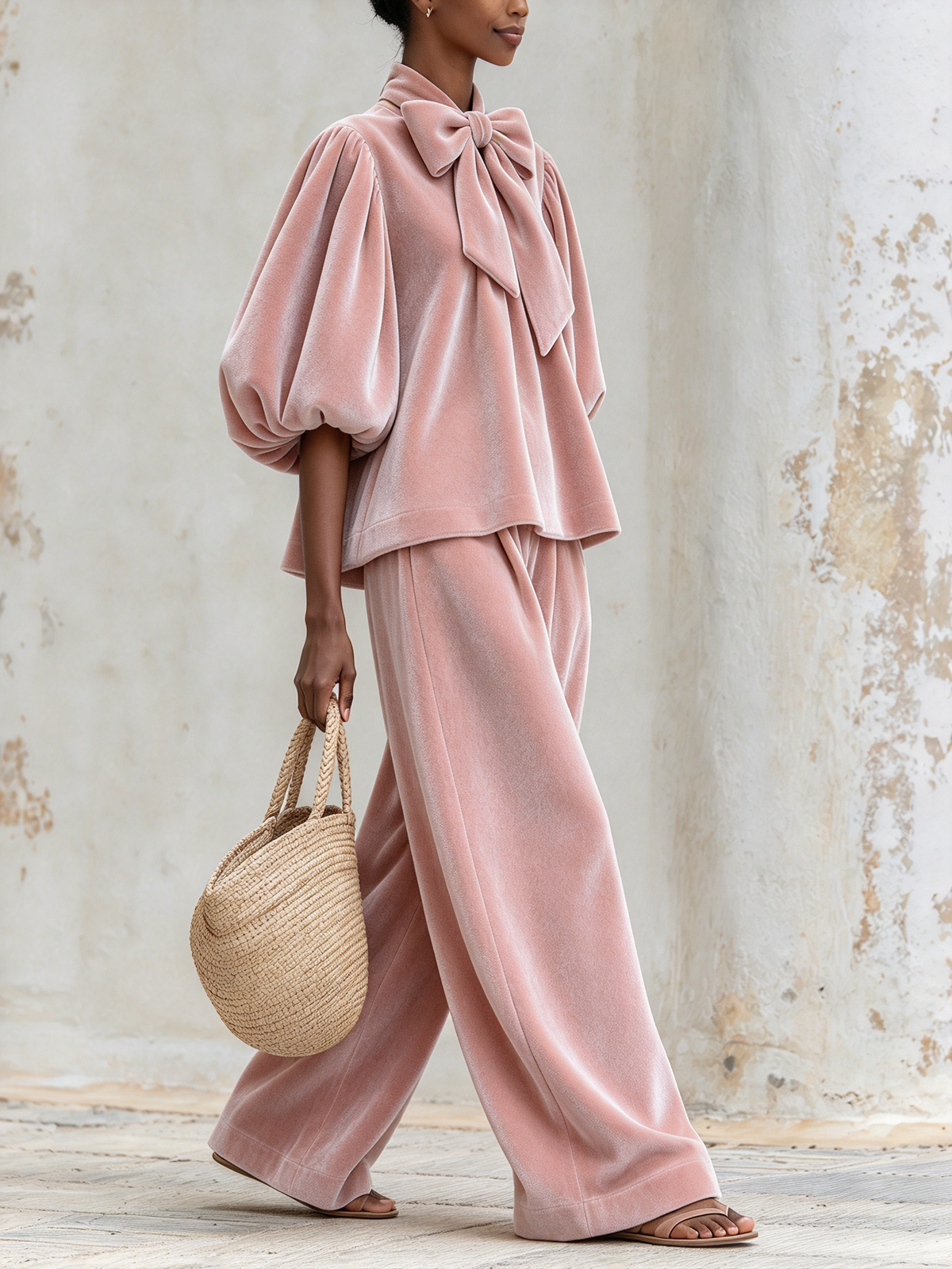 Blush Pink Bow Neck Puff Sleeve Top and Wide-Leg Pants Two-Piece Set