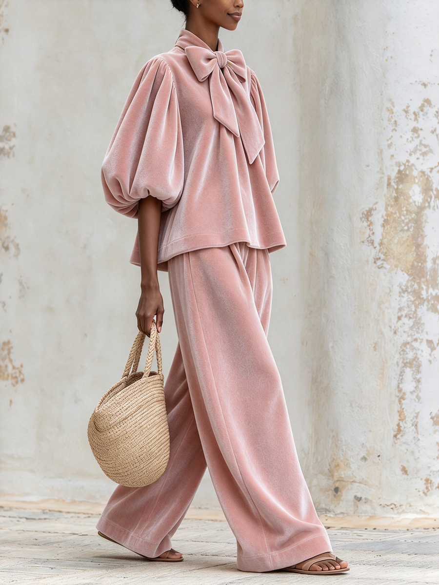 Blush Pink Bow Neck Puff Sleeve Top and Wide-Leg Pants Two-Piece Set
