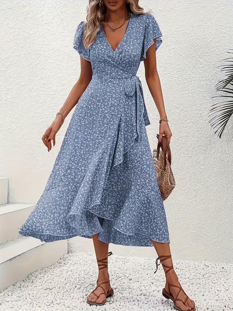 Skye | Floral Wrap Midi Dress with Ruffle Sleeves and Asymmetric Hem