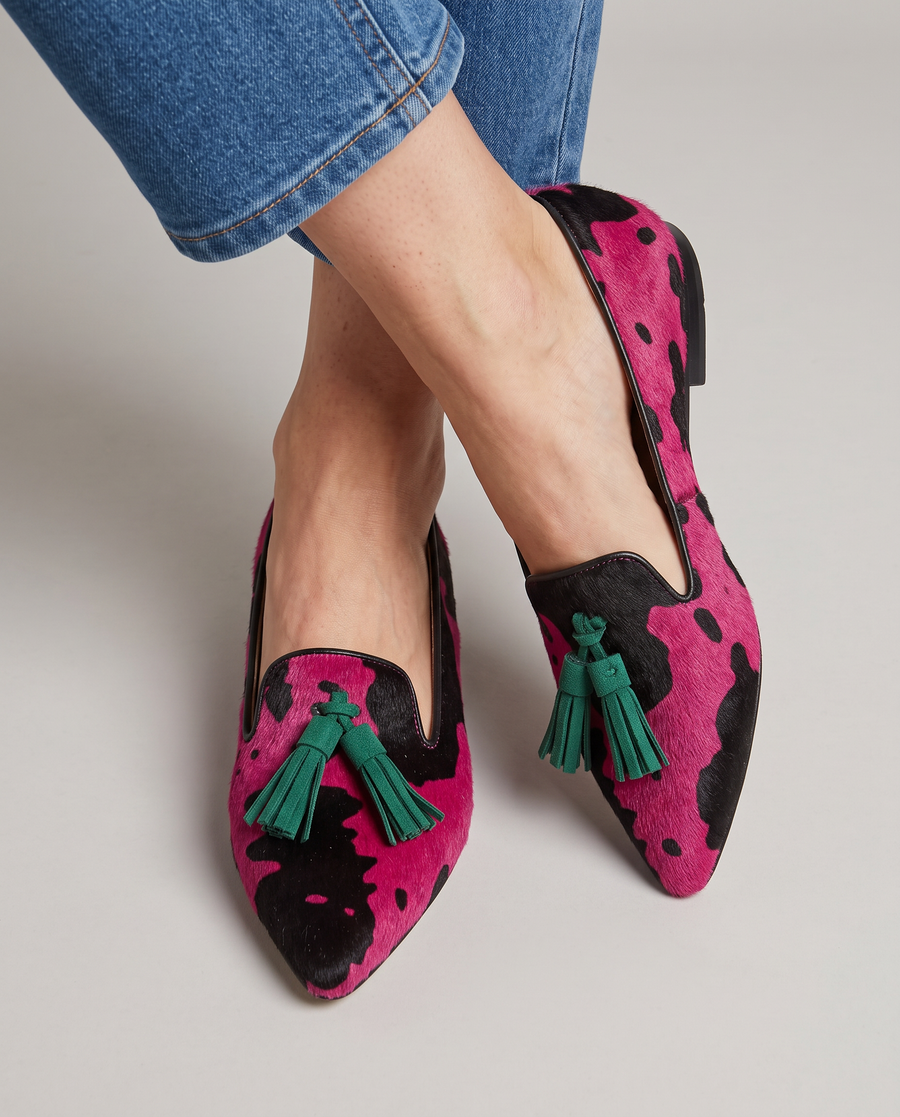 Ginevra Moccasin — Fuchsia Cow, Green Tassels