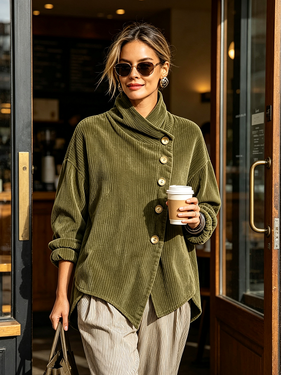 Nina™ | Asymmetric Button Corduroy Turtleneck