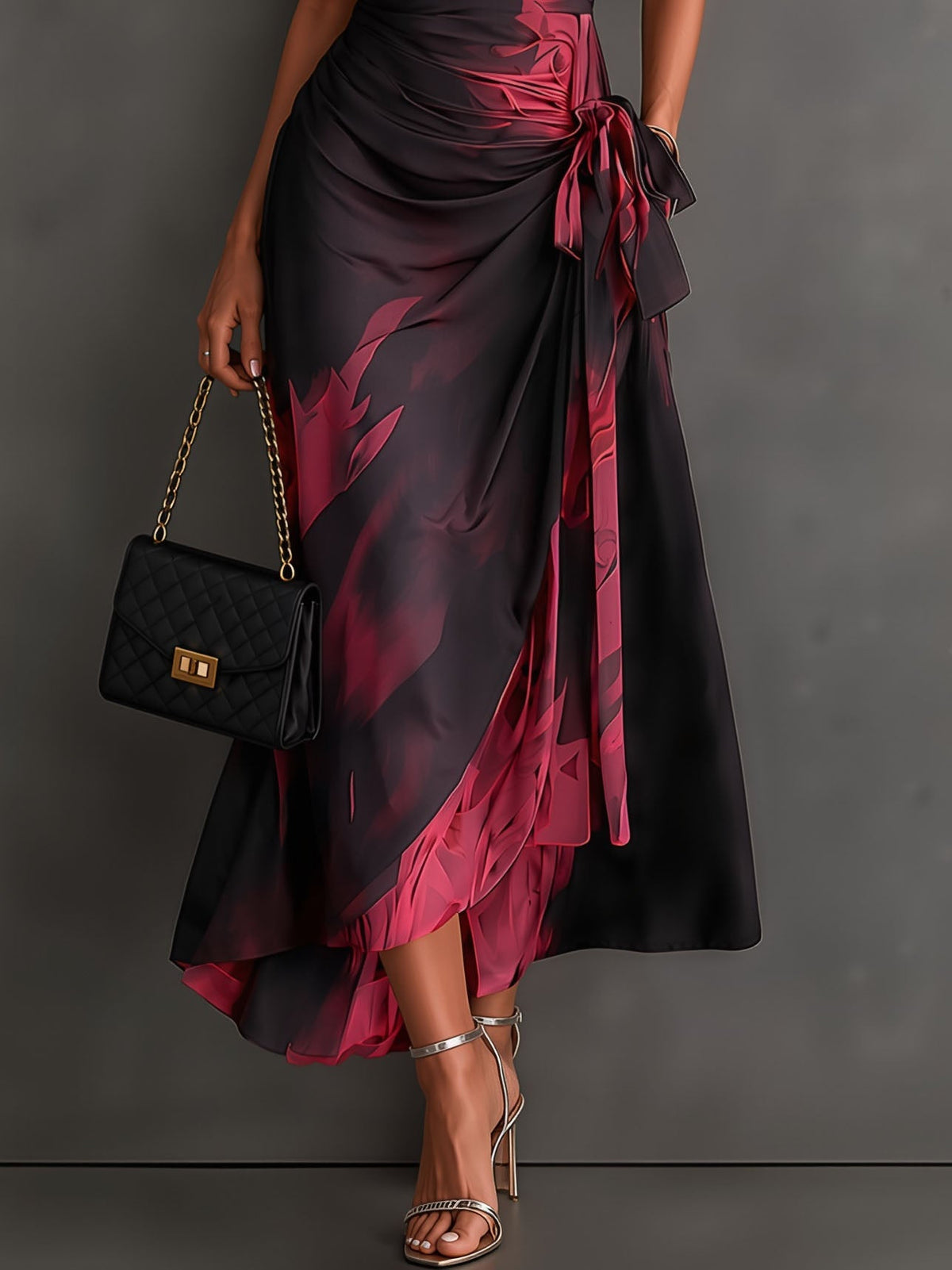 Red Black Abstract Print Wrap Midi Dress